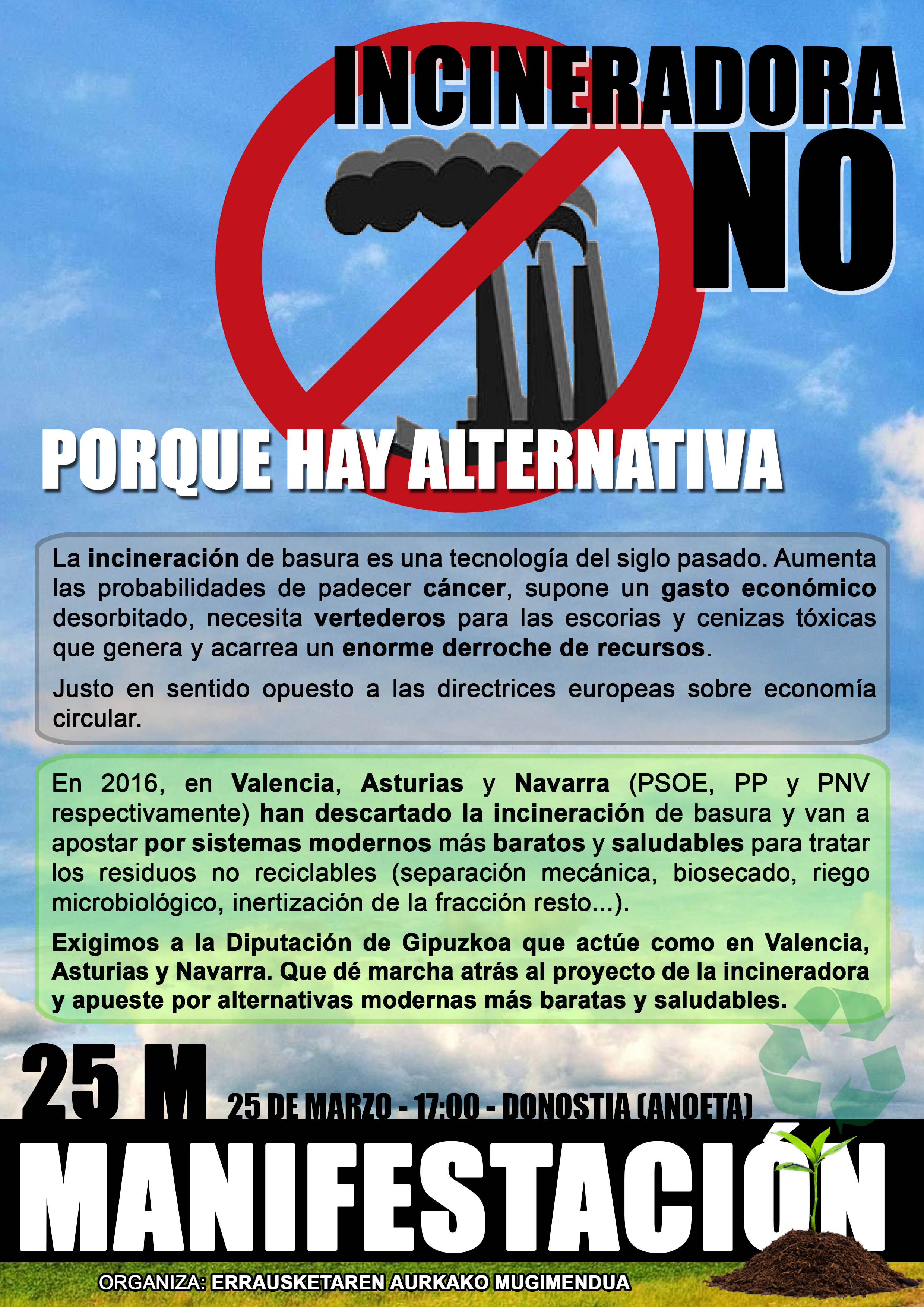 Llamamiento para participar en la manifestaciòn de hoy que comenzará desde el estadio de Anoeta: ¡Porque hay alternativa no a la incineradora!